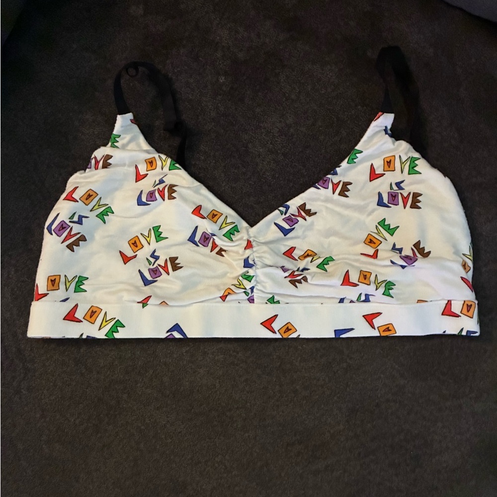 MeUndies Rainbow Print “Love is Love” Ruched Bralette.
